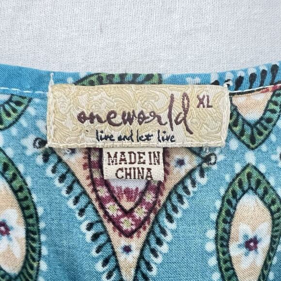 One World Live and Let Live Mini Dress Women's XL Boho Embroidered Patchwork - Picture 4 of 10